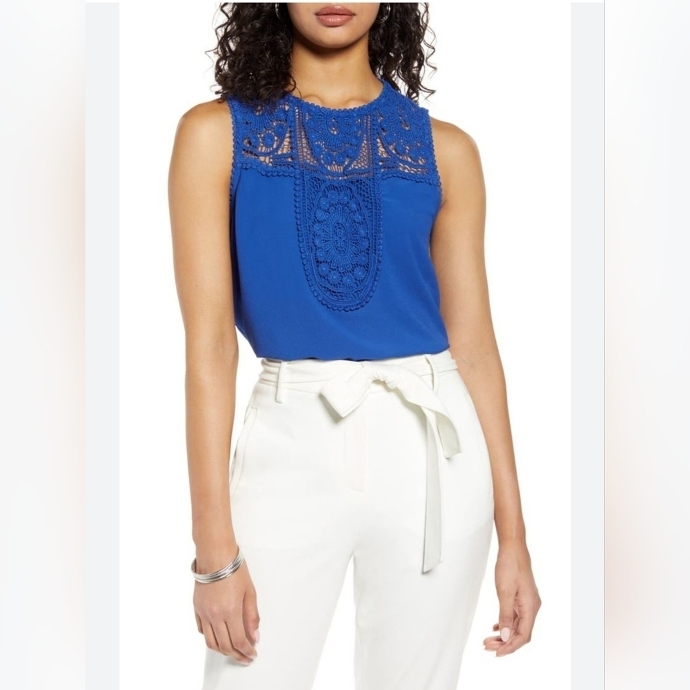HALOGEN Lace & Crepe Sleeveless Top Nordstrom Cobolt Blue NWT Small 5% Spandex